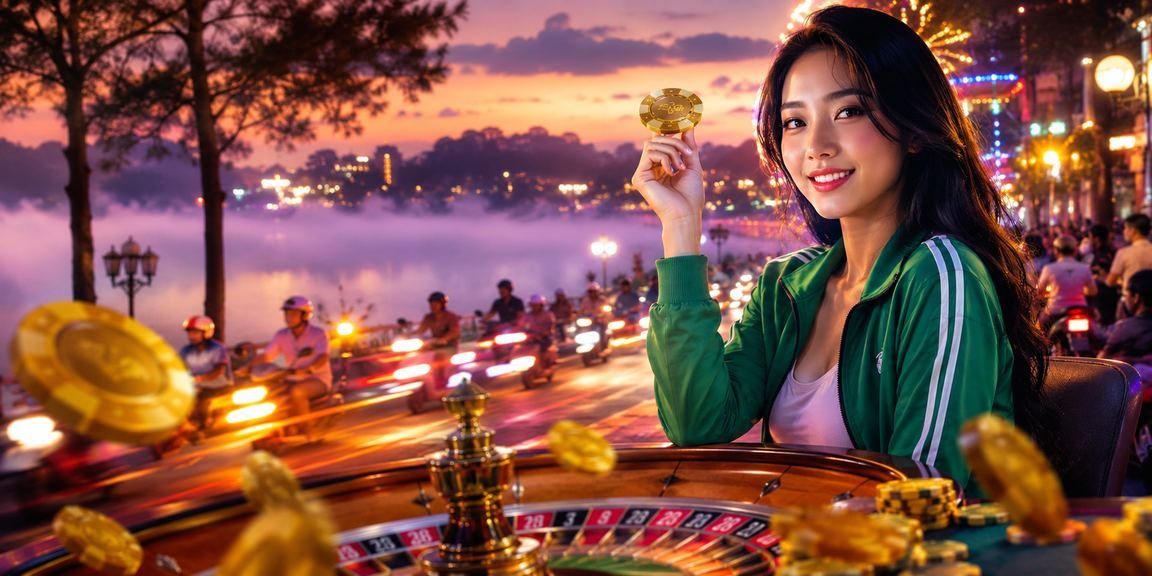 Bàn roulette với ánh đèn neon tại Đà Lạt thể hiện không khí giải trí casino sôi động về đêm