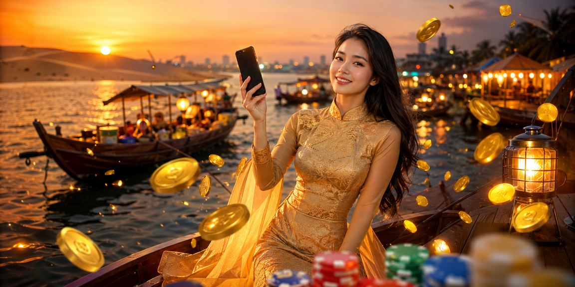 Người dùng tại Mũi Né mặc áo dài truyền thống truy cập uc3 trên điện thoại
